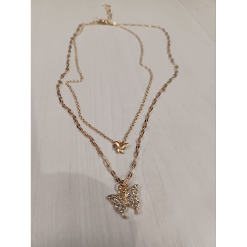 Collier Métal Doré,Double Chaine,Pendentif Petit Et Grand Papillon,Taille 41cm