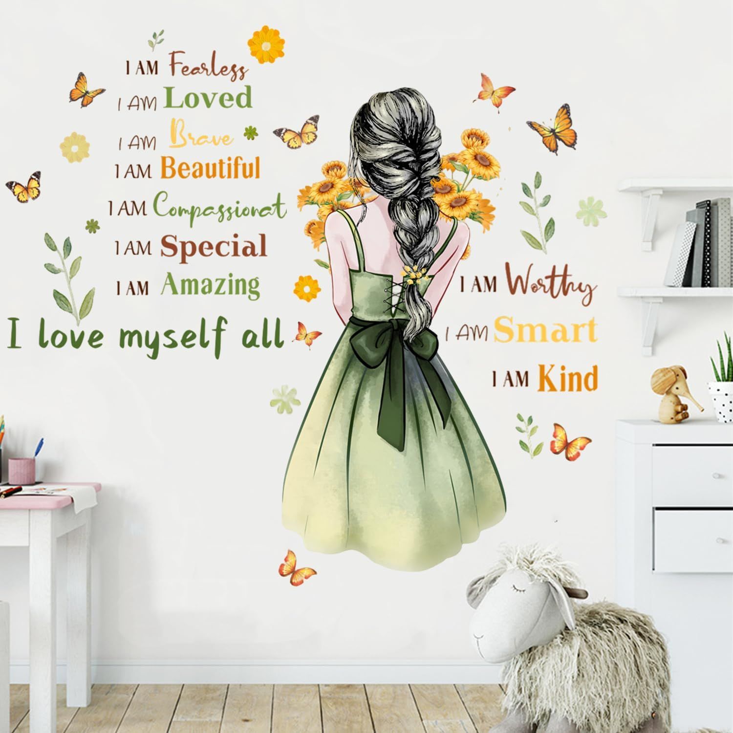 Extra Large] Stickers Muraux FILLE & PAPILLONS En Or