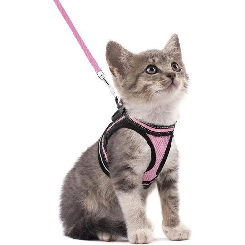 Ensemble Harnais Et Laisse Pour Chat,Pour La Marche,L'évasion,Gilet Pour Chatons Doux Et Réglable Avec Bande Réfléchissante Pour Chats,Confortable.Rose.M