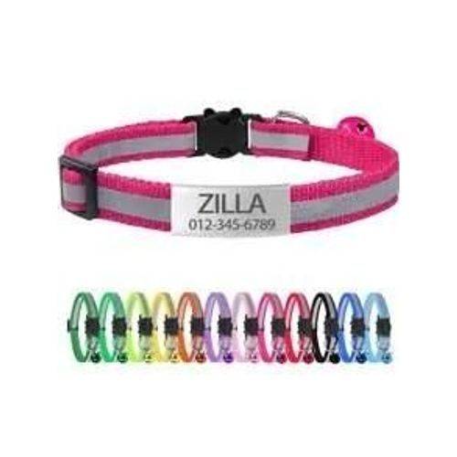 Collier Réfléchissant Pour Chat Gravé Sur Mesure,13 Couleurs,Avec Boucle Et Cloche De Sécurité,Collier Pour Animaux De Compagnie Personnalisé Réglable Pour Petits Chats.Rose.Neck 19-32cm