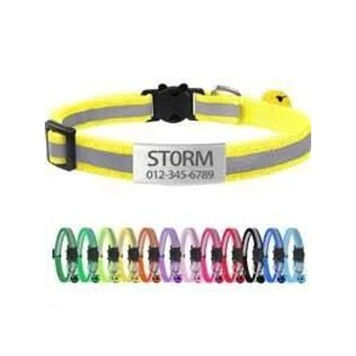 Collier Réfléchissant Pour Chat Gravé Sur Mesure,13 Couleurs,Avec Boucle Et Cloche De Sécurité,Collier Pour Animaux De Compagnie Personnalisé Réglable Pour Petits Chats.Yellow.Neck 19-32cm