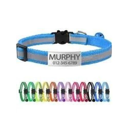 Collier Réfléchissant Pour Chat Gravé Sur Mesure,13 Couleurs,Avec Boucle Et Cloche De Sécurité,Collier Pour Animaux De Compagnie Personnalisé Réglable Pour Petits Chats.Bleu Marine.Neck 19-32cm