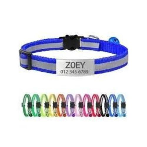 Collier Réfléchissant Pour Chat Gravé Sur Mesure,13 Couleurs,Avec Boucle Et Cloche De Sécurité,Collier Pour Animaux De Compagnie Personnalisé Réglable Pour Petits Chats.Bleu.Neck 19-32cm