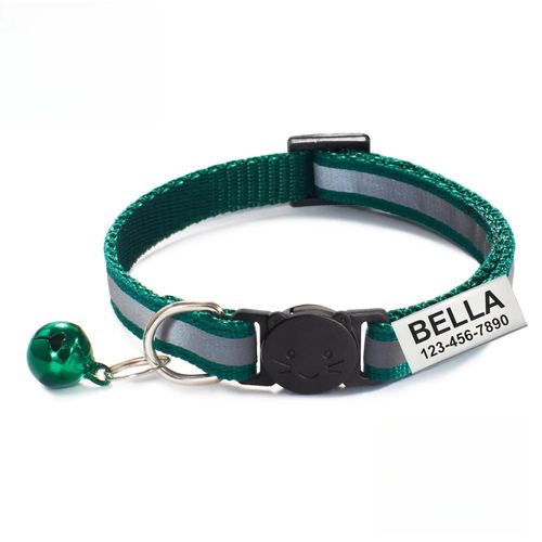 Collier Réfléchissant Pour Chat Gravé Sur Mesure,13 Couleurs,Avec Boucle Et Cloche De Sécurité,Collier Pour Animaux De Compagnie Personnalisé Réglable Pour Petits Chats.Dark Green.Neck 19-32cm