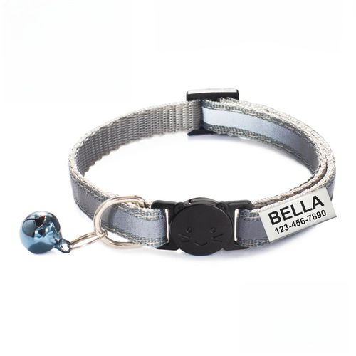 Collier Réfléchissant Pour Chat Gravé Sur Mesure,13 Couleurs,Avec Boucle Et Cloche De Sécurité,Collier Pour Animaux De Compagnie Personnalisé Réglable Pour Petits Chats.Gris.Neck 19-32cm