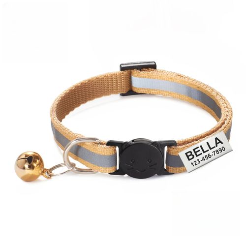 Collier Réfléchissant Pour Chat Gravé Sur Mesure,13 Couleurs,Avec Boucle Et Cloche De Sécurité,Collier Pour Animaux De Compagnie Personnalisé Réglable Pour Petits Chats.Khaki.Neck 19-32cm