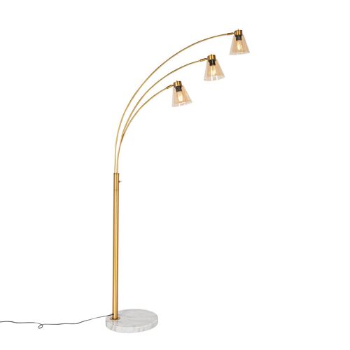 Qazqa Art Deco Booglamp Brons Met Marmer En Amber Glas 3-Lichts - Amber Verre /Pierre/Béton /Acier Bronze,Blanc,Orange / Luminaire / Lumiere / Éclairage / Intérieur / Salon E27 Max. 3 X 40...