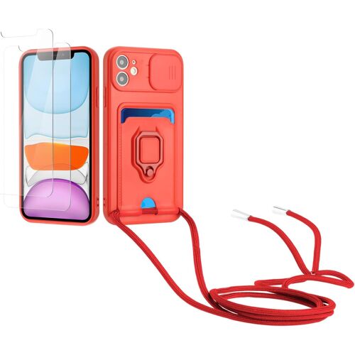 Cordon De Coque Compatible Avec Iphone 11+[2 Pi¿¿Ces Verre Tremp¿¿],Couvercle Coulissant De La Cam¿¿Ra+Support Annulaire ¿¿ 360 Degr¿¿S,Fentes Pour Cartes Silicone Case-Rouge