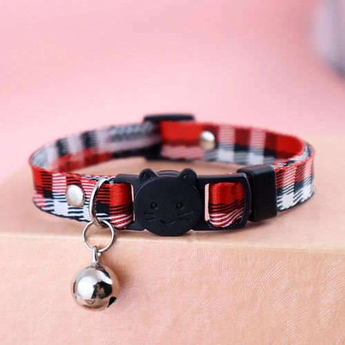 Collier De Chat À Carreaux De Style Anglais Avec Cloche Et Boucle De Visage De Chat-Fournitures Pour Animaux De Compagnie Sangle De Cou De Chat Réglable,Collier De Chat Mignon Pou.Rouge.