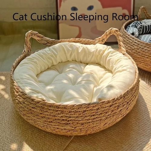 Lit Pour Chat Tissé Purement Naturel,Coussin Chauffant Saisonnier,Coussin Lavable Universel,Accessoire De Fournitures Pour Animaux De Compagnie,Adapté À Toutes Saisons.Basket And Cushion.35cm