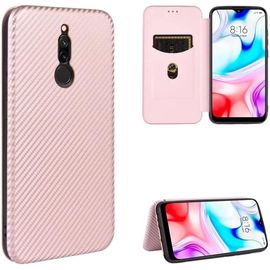 Compatible Avec Coque Xiaomi Redmi 8, Mince Flip Fibre De Carbone [Test De Chute] Antichoc Stand Fente Avec Carte, Protecteur D'écran En Verre Trempé*2-Or Rose