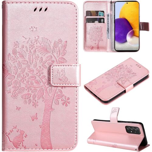 KAL-Coque Compatible Avec Samsung Galaxy A73 5G - Cuir Flip Étui/Portefeuille Case Cover Housse Tpu Silicone - Arbre Et Chat - Or Rose