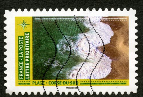Timbre Oblitéré Plage,Corse Du Sud,France,La Poste,Lettre Prioritaire