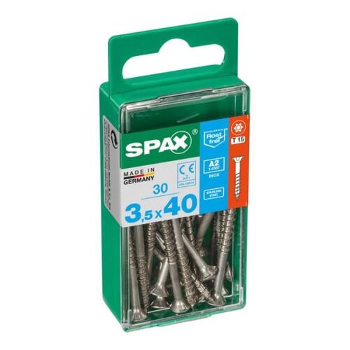 Boîte 30 unités. vis a bois spax cab. plat inox a2 3.5x40mm spax