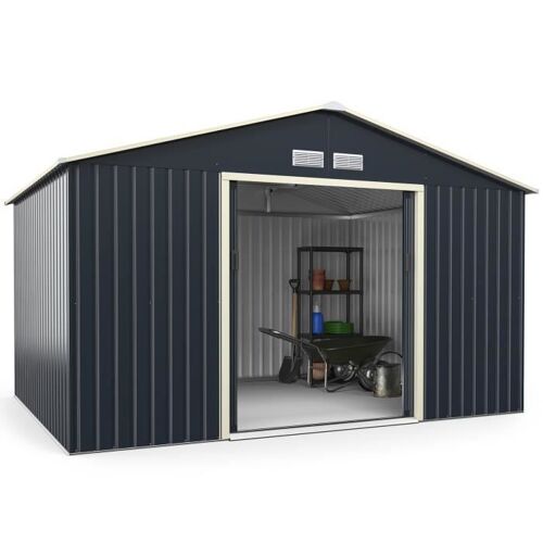 Abri De Jardin En Acier Coloré 8,08 M² 340x255x210 Cm Costway-4 Fentes D'aération-Porte Coulissante Verrouillables Pour Vélo-Gris