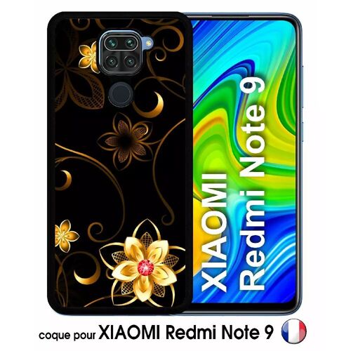 Coque Pour Xiaomi Redmi Note 9 - Fleur D Or Fond Noir - Silicone - Noir