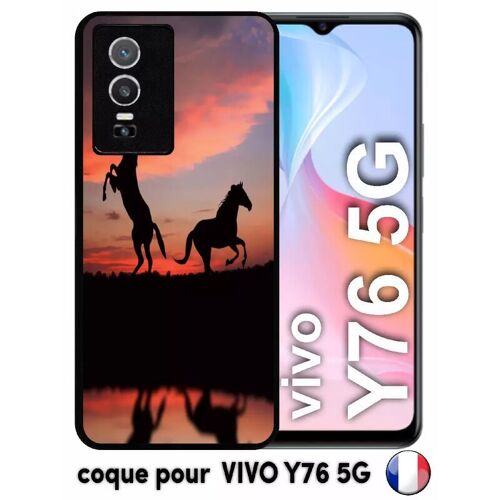 Coque Pour Vivo Y76 5g - Chevaux Coucher De Soleil - Silicone - Noir