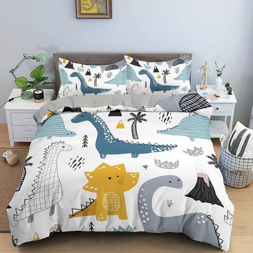 Children's White Dinosaur Bedding Set 160 X 200 Cm-Duvet Cover 160 X 200 Cm With 2 Pillowcases 65 X 65 Cm,Bedding Set With Zip For Adults And Children