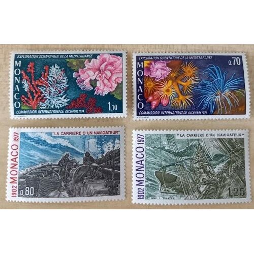 4 Timbres Neufs Monaco, Deux De 1974 Consacrés À L'exploration Scientifique De La Méditerranéeet Deux Autres De 1997, Consacrés À La Carrière D'un Navigateur