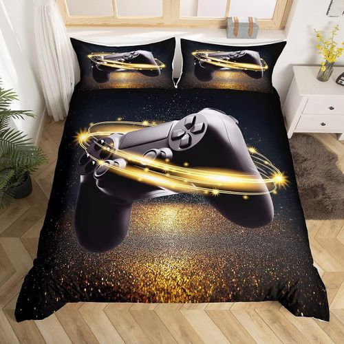 Sjzg-Jeux Pour Enfants Matelas Ensemble De Literie Filles Garçons Ados Matelas De Jeu Housse De Couette Teen Noir Jeux Housse De Couette 220x240cm Modern Game Controller Chic Gold Noir, Pas De Flash
