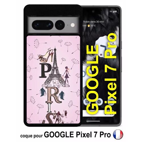 Coque Pour Google Pixel 7 Pro - Paris Fond Rose Pale - Silicone - Noir
