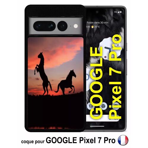 Coque pour google pixel 7 pro - chevaux coucher de soleil - silicone - noir