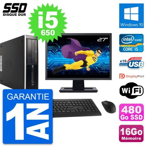 PC HP 8100 SFF Ecran 27" Intel Core i5-650 RAM 16Go SSD 480Go Windows 10 Wifi