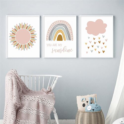 Lot de 3 Toile affiche garcon fille poster boheme soleil nuage arc en ciel decoration chambre,sans Cadre,Décoration murale (40x50cm)