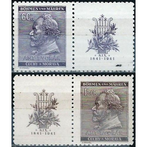 Tchécoslovaquie, Occupation Allemande Bohème Moravie 1941, Très Beaux Timbres Neufs** Luxe Avec Vignettes Yvert 63 64, Centenaire De La Naissance De Antonín Dvo?ák, Compositeur Tchèque Austro-Hongrois