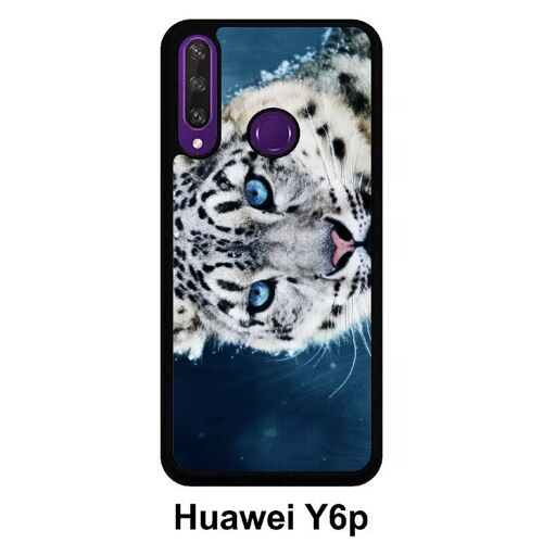 Coque huawei y6p - tigre blanc yeux bleus - silicone - noir