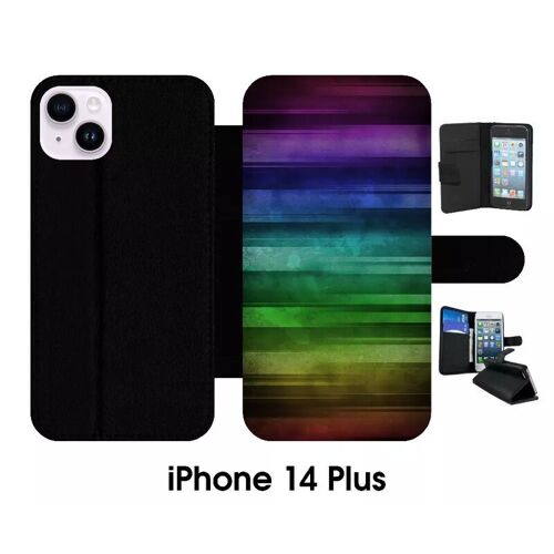 Etui À Rabat Iphone 14+ - Drapeau Gay Pride Rainbow Grunge - Simili-Cuir - Noir