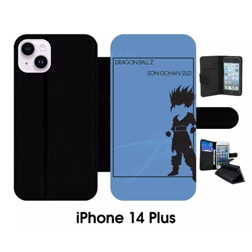 Etui À Rabat Iphone 14+ - Dragon Ball Z Son Gohan Ssj2 - Simili-Cuir - Noir