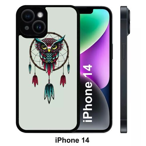 Coque iphone 14 - dreamcatcher hibou tribal - silicone - noir