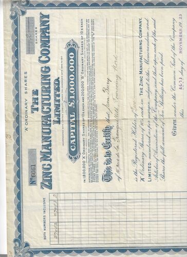 Bon De Souscription : The Zinc Manufacturing Company Limited De Novembre 1929