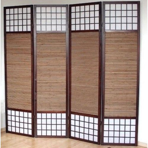 Paravent 4 panneaux marron en bois et bambou 176 x175 cm PAR06010