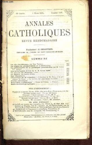 Annales Catholiques - 22e Année - 4 Mars 1893 - N°1107 : Le Règne De Jésus-Christ Et Le Dahomey. Les Principaux Actes De S.S. Léon Xiii. Le Procès Du Panama (Suite)
