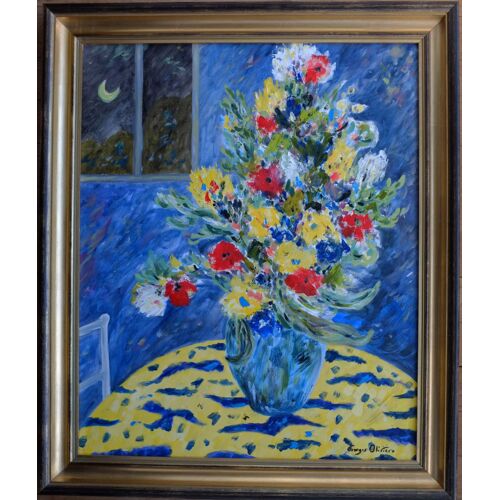Bouquet Au Clair De Lune - Huile Sur Toile Originale