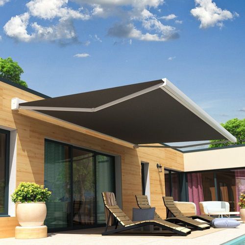 Store Banne Coffre Celeste 5,00x3,00 M (Motorisé Secours À Télécommande + Led - Blanc - Gris Graphite)