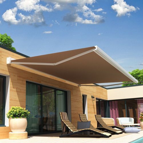 Store Banne Coffre Celeste 5,00x3,00 M (Motorisé Secours À Télécommande - Blanc - Taupe)