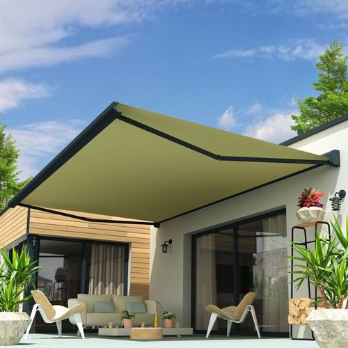 Store Banne Coffre Soa 5,00x3,50 M (Motorisé Secours À Télécommande - Gris Anthracite - Écru)