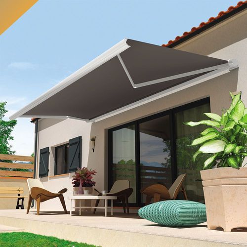 Store Banne Coffre Hevoa 4,00x3,00 M (Motorisé Secours À Télécommande + Led - Blanc - Gris Graphite)