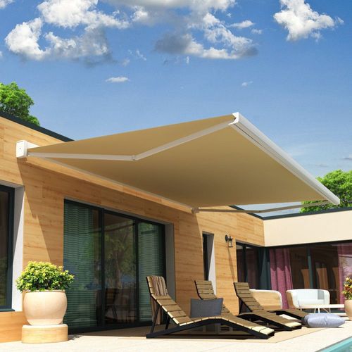 Store Banne Coffre Celeste 4,00x3,00 M (Motorisé Secours À Télécommande + Led - Blanc - Écru)