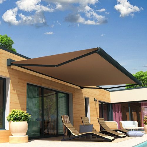 Store Banne Coffre Celeste 5,00x3,00 M (Motorisé Secours À Télécommande + Led - Gris Anthracite - Taupe)