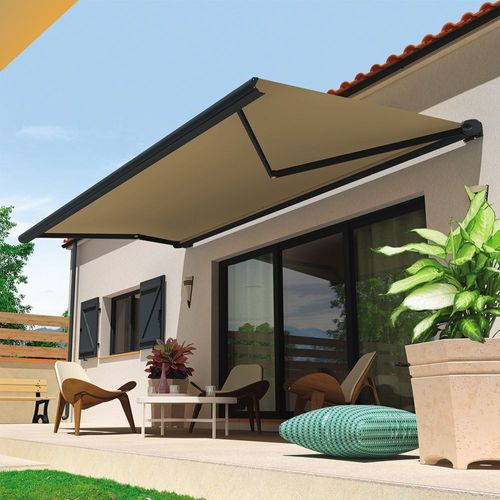 Store Banne Coffre Hevoa 4,00x3,00 M (Motorisé Secours À Télécommande + Led - Gris Anthracite - Taupe)