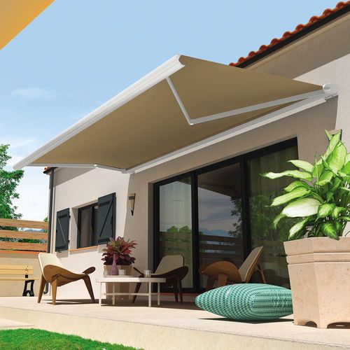 Store Banne Coffre Hevoa 4,00x3,00 M (Motorisé Secours À Télécommande - Blanc - Taupe)