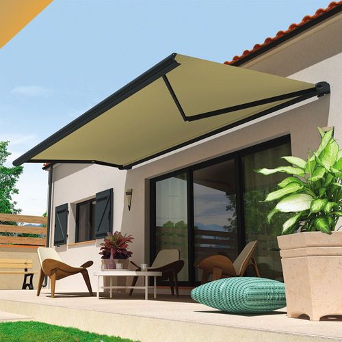 Store Banne Coffre Hevoa 4,00x3,00 M (Motorisé Secours À Télécommande - Gris Anthracite - Écru)