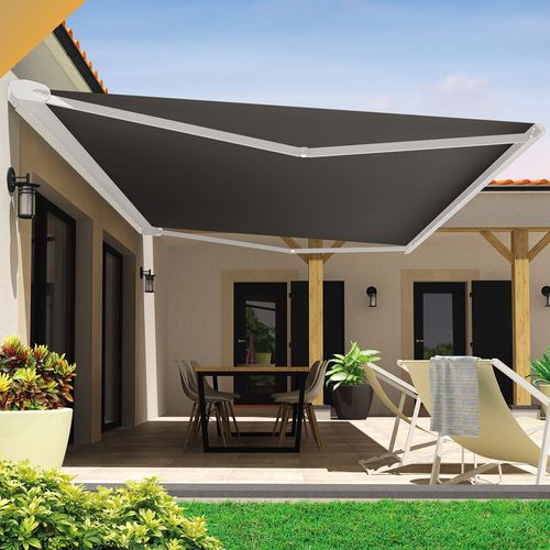 Store Banne Coffre Hevoa 5,00x3,50 M (Motorisé Secours À Télécommande + Led - Blanc - Gris Graphite)