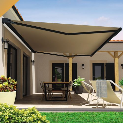 Store Banne Coffre Hevoa 5,00x3,50 M (Manuelle - Gris Anthracite - Taupe)