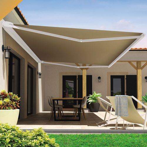 Store Banne Coffre Hevoa 5,00x3,50 M (Motorisé Secours À Télécommande - Blanc - Taupe)