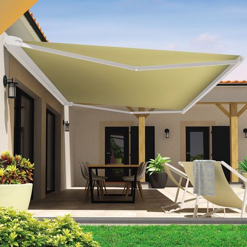 Store Banne Coffre Hevoa 5,00x3,50 M (Motorisé Secours À Télécommande + Led - Blanc - Écru)